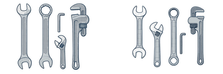 Assorted wrenches and pipe wrench tools collection on white background