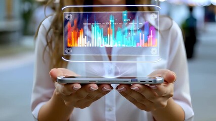 Businesswoman holding futuristic transparent smartphone displaying digital financial charts, symbolizing innovation and technology - Powered by Adobe