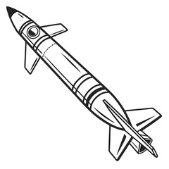 Retro style black and white illustration of a vintage rocket ship with fins and a circular window in flight