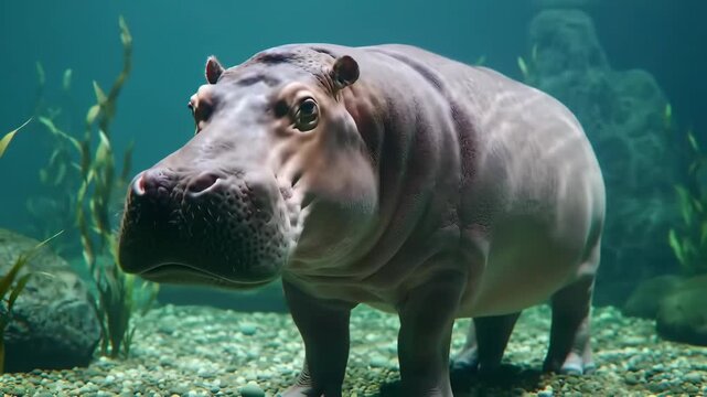 Hippo underwater portrait with plants, wildlife in aquarium, one animal, hippopotamus. Animal close-up in zoo exhibit.