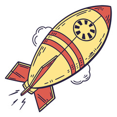 Whimsical hand drawn yellow and red rocket ship blasting off with clouds and motion lines on white background