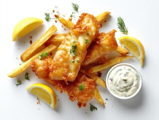 Golden fried fish and chips with lemon wedges and dipping sauce