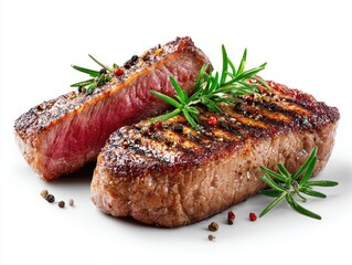Two grilled steaks, slightly overlapping, with a hint of pink interior and browned exterior. Fresh sprigs of rosemary and peppercorns are scattered around and on top of the steaks