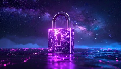 Glowing digital padlock with circuit pattern on a futuristic grid platform, illuminated in purple and blue tones, set against a sci-fi cityscape and starry sky to symbolize cybersecurity.