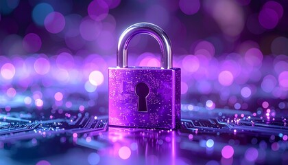 Glowing digital padlock with circuit pattern on a futuristic grid platform, illuminated in purple and blue tones, set against a sci-fi cityscape and starry sky to symbolize cybersecurity.