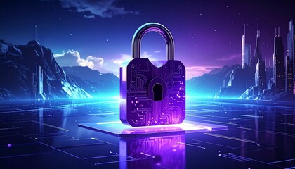 Glowing digital padlock with circuit pattern on a futuristic grid platform, illuminated in purple and blue tones, set against a sci-fi cityscape and starry sky to symbolize cybersecurity.