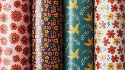 Four Rolls of Wrapping Paper with Floral and Bird Patterns in Red Yellow Blue and Pink gift wrap floral pattern