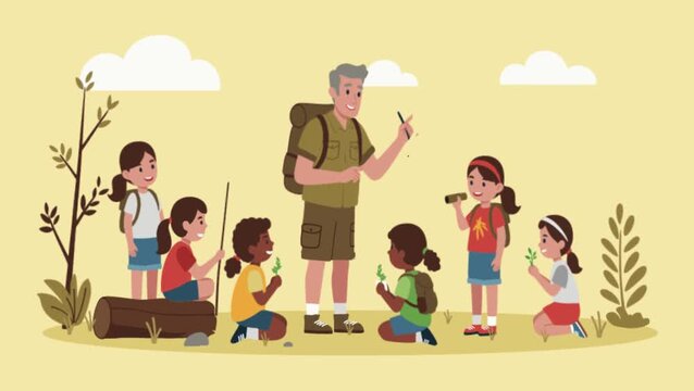 Animated Cheerful Children Camping with Adult Guide moving Banner