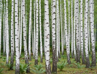 Obraz premium Birch trees growing in forest with ferns and green grass