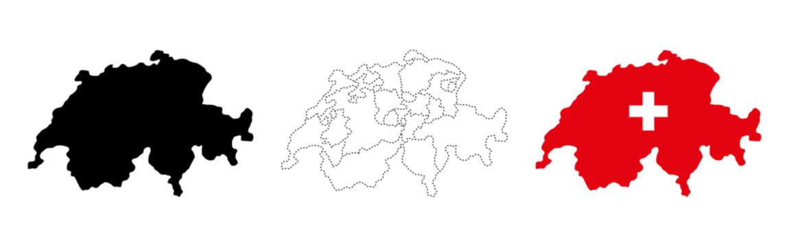 Switzerland map flag. Three styles of the Swiss country map including solid shape, dotted cantonal borders and national flag vector illustration. Travel and political geography symbol.