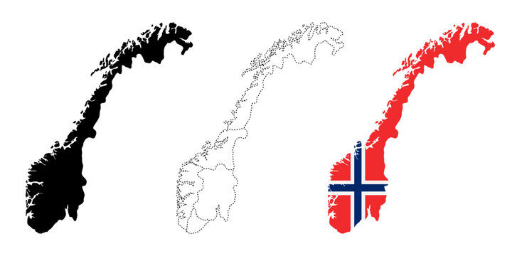 Norway map flag. Scandinavian country silhouette with administrative regions and national flag vector illustration. Political division and national territory symbol. European geography sign.