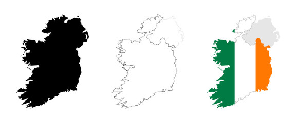 Ireland map flag. Map of the island with silhouette, administrative borders, and Irish flag vector illustration. Political division with Northern Ireland symbol. European geography sign.