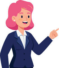 Confident businesswoman with pink hair wearing navy blue suit smiling and pointing, professional woman presenting, corporate success concept.
