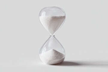 Clear hourglass with white sand, centered on a plain, light gray background