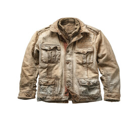 Naklejka premium Vintage style military jacket displayed on neutral fashion apparel isolated on transparent background, png