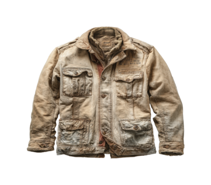 Vintage style military jacket displayed on neutral fashion apparel isolated on transparent background, png