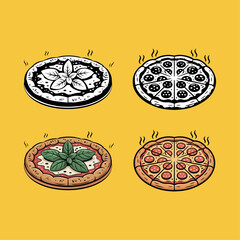 Whole, Sliced, and Separate Slice Pizza Icons in Flat Style on a yellow background