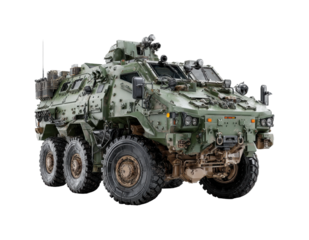 Military vehicle action battlefield armored truck urban environment side view defense strategy isolated on transparent background, png