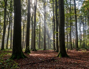Obraz premium Serene forest scene with sunbeams and autumn leaves