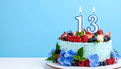 Birthday cake with blue icing and fruit