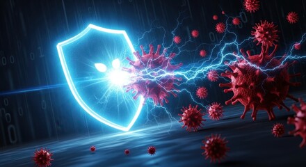 Immune system shield protecting against coronavirus with lightning and binary code