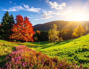 A vibrant autumn scene with lush green grass and flowers, despite the trees changing color.