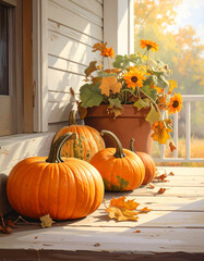 Pumpkins and gourds sit on a porch next to a wilting potted plant in the heat.