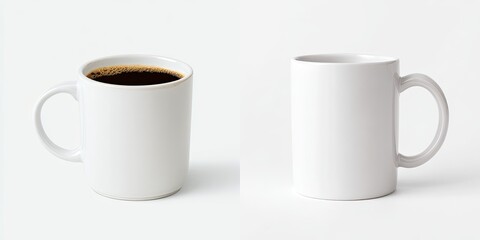 Two blank white mugs, one filled with dark coffee