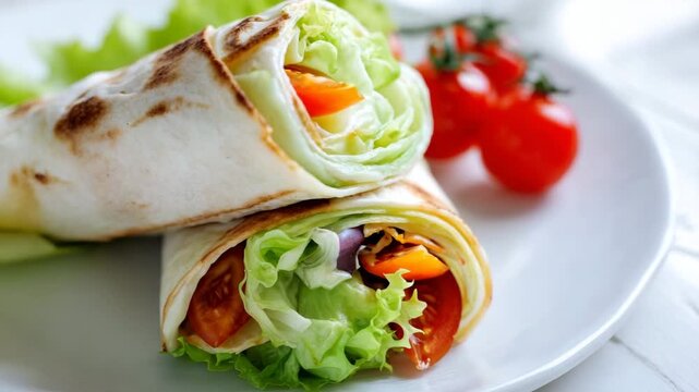 Colorful vegetable wraps displayed on a plate, highlighting fresh ingredients and textures, creating an appetizing visual experience