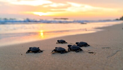 Baby sea turtles emerge at sunrise