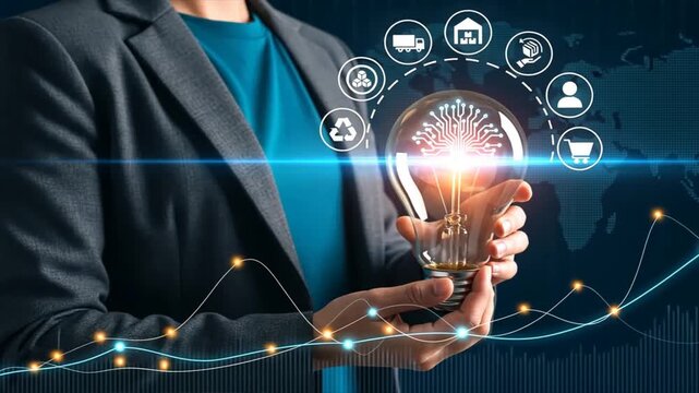 A businessman holds a glowing bulb with digital circuit tree with icons, reverse logistics process, transportation logistics, global logistics