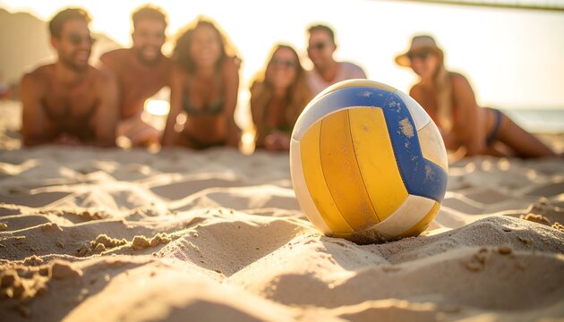 Volleyball on the beach with friends in the background.