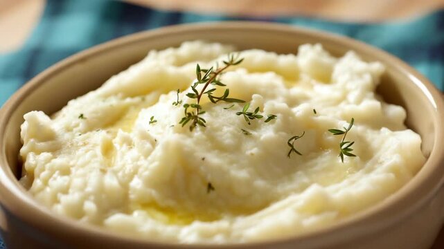 Creamy mashed potatoes topped with fresh thyme, highlighting a rich texture and inviting presentation, perfect for culinary delights