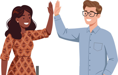 Diverse happy man and woman giving high five, teamwork success, collaboration, friendship, celebration, positive interaction, partnership, business team, cooperation.