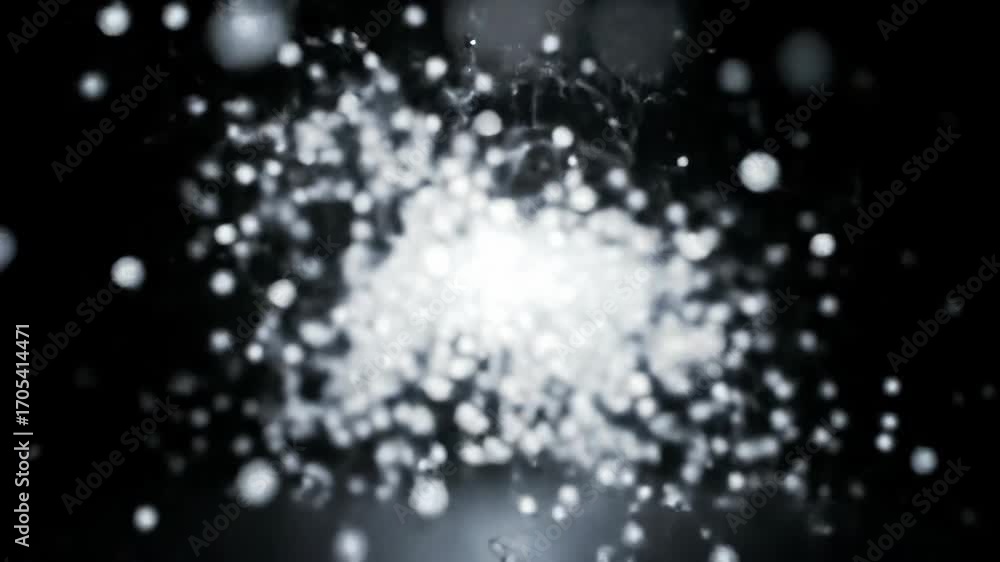 Poster abstract glowing white spheres, light particles on a black background form pattern, energy concept w