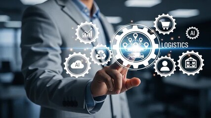 A businessman touches on a digital gear icons with ai, cloud, warehouse icons in futuristic business interface, reverse logistics process, transportation logistics, global logistics - Powered by Adobe
