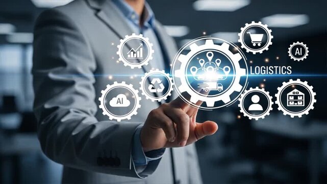 A businessman touches on a digital gear icons with ai, cloud, warehouse icons in futuristic business interface, reverse logistics process, transportation logistics, global logistics