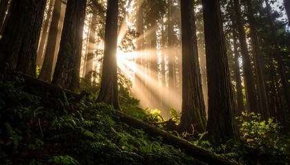 Sunlight streams through redwood forest (1)