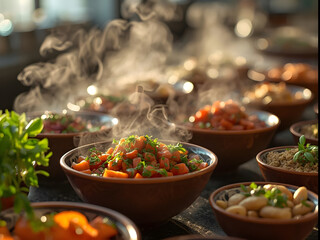 Steaming bowls of delicious homemade stew and hearty food served on a rustic wooden table