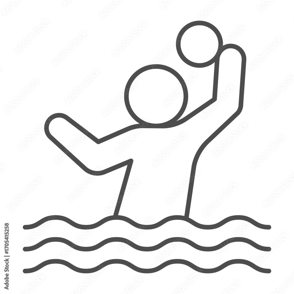 Poster man with ball in the water thin line icon, volleyball game concept. vector graphics. volleyball game