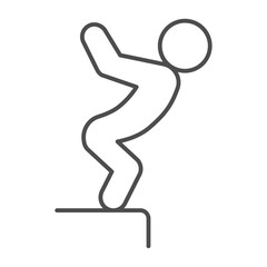 Athlete man on the pier thin line icon, summer sports concept. Vector graphics. Diver prepare to jump, diving sign on white background, outline style icon for mobile or web design.