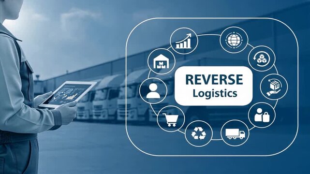 A reverse logistics stages with truck fleet background and central icons, reverse logistics process, transportation logistics, global logistics