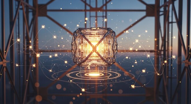 Glowing Intricate Cube Surrounded by Data Network in Abstract Industrial Setting