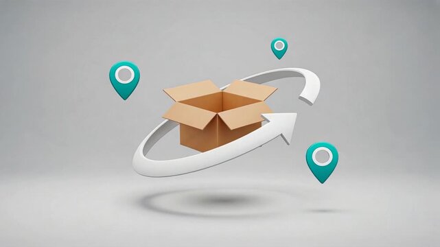 A minimalist floating box with curved arrow loop and location pins, reverse logistics process, transportation logistics, global logistics