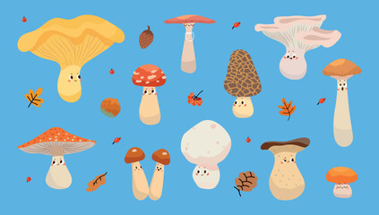 Funny mushrooms. Forest plants, various mushroom characters. Seasonal wild plant elements edible and toadstools. Cartoon nowaday vector clipart
