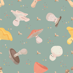 Mushroom characters seamless pattern. Decorative mushrooms funny print for fabric or wallpaper. Forest wild plants, template design nowaday vector background