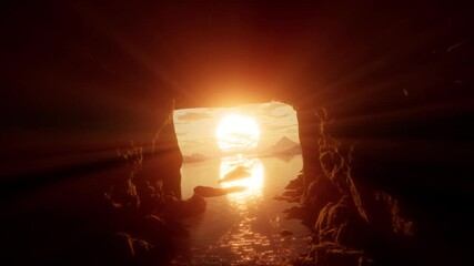 A beautiful cinematic shot of a majestic sunrise seen from inside a natural cave. Golden light reflects on the water, illuminating the serene mountainous landscape - Powered by Adobe