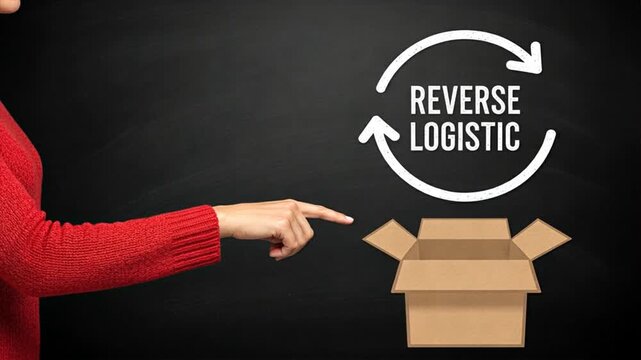 A chalkboard design of woman pointing on box with reverse logistics arrow and text, reverse logistics process, transportation logistics, global logistics
