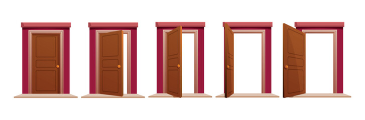 Wooden doors open or close scene. Exit entrance in house or apartment, animation steps. Building facade outdoor elements, sapid vector set