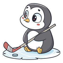Cute Cartoon Penguin Playing Hockey on Ice - Fun Animal Illustration